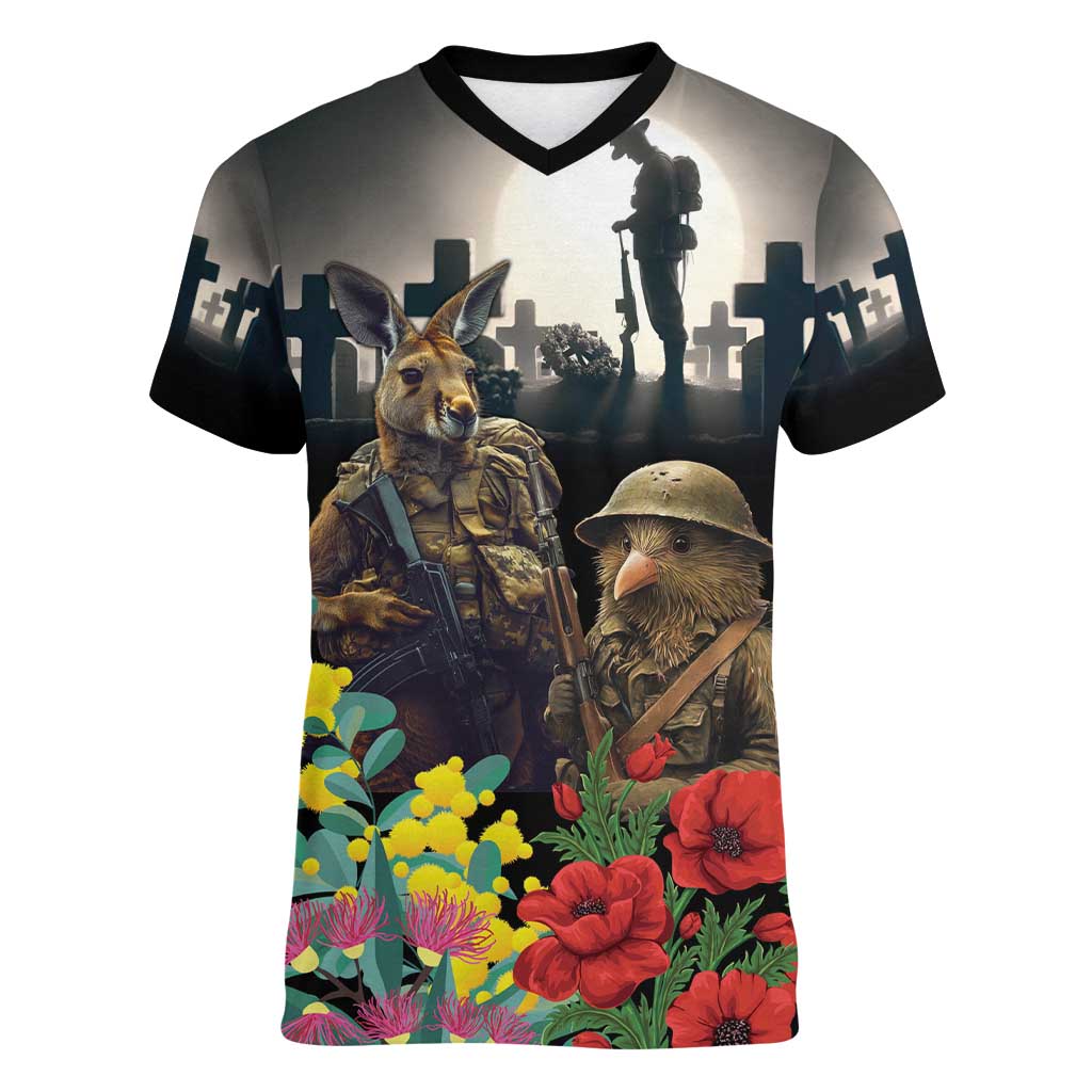 Kangaroo-Kiwi Soldier ANZAC Personalised Women V-Neck T-Shirt Golden Wattle Poppy Flowers