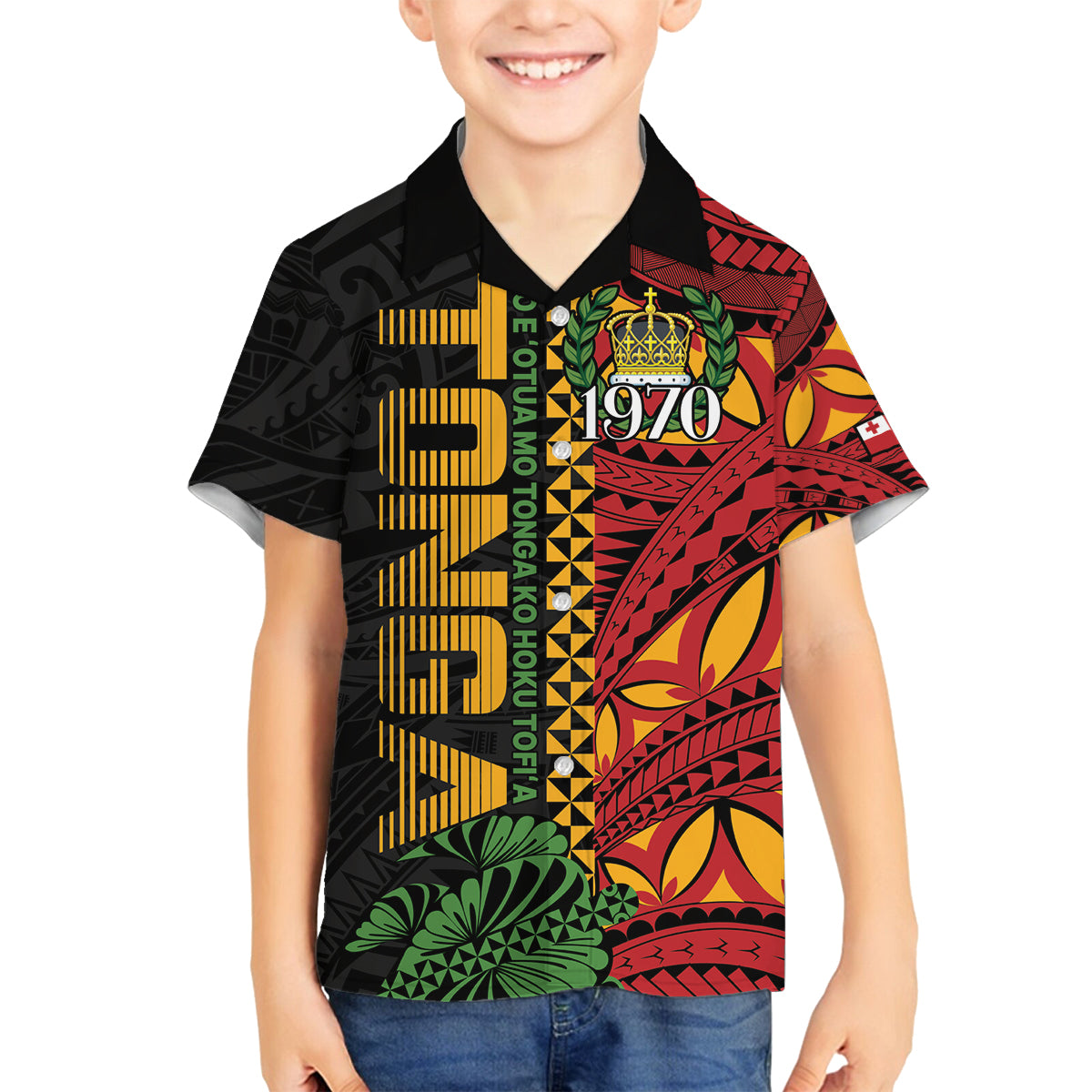 Personalised Tonga Emancipation Day Family Matching Off Shoulder Short Dress and Hawaiian Shirt Puleanga Fakatui O Since 1970 LT9 Son's Shirt Red - Polynesian Pride