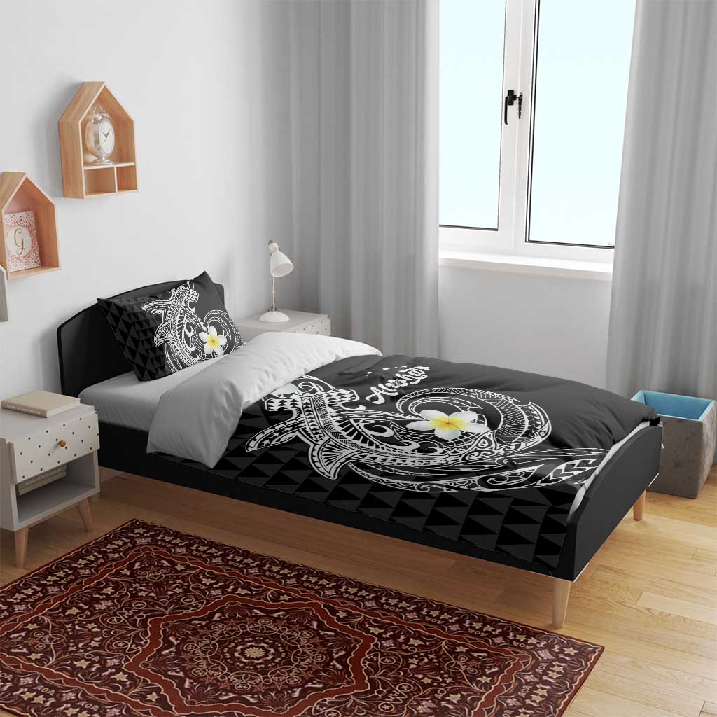 Aloha Hammerhead Shark Bedding Set Black Hawaiian Kakau Tribal Tattoo
