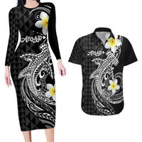 Aloha Hammerhead Shark Couples Matching Long Sleeve Bodycon Dress and Hawaiian Shirt Black Hawaiian Kakau Tribal Tattoo LT9 Black - Polynesian Pride