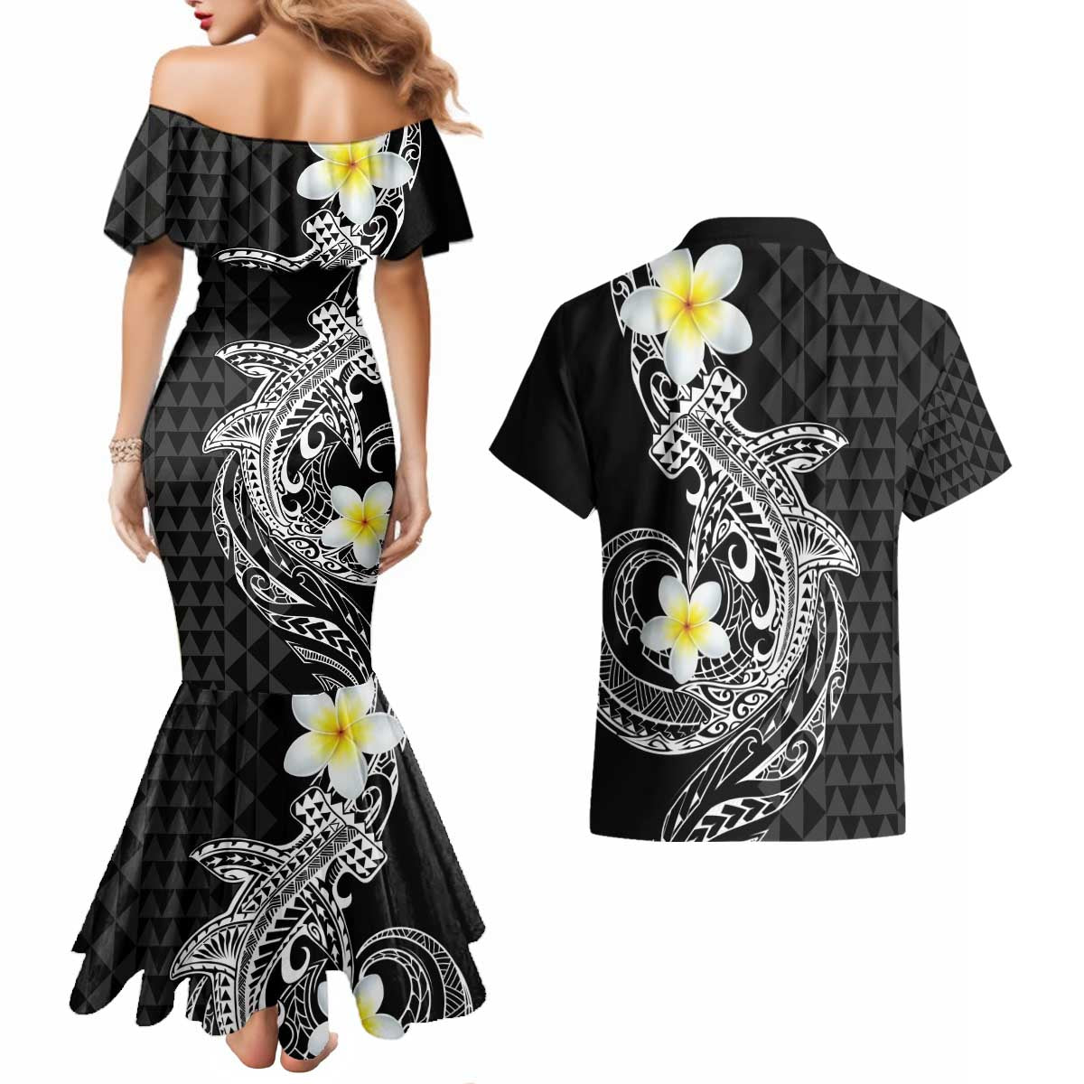 Aloha Hammerhead Shark Couples Matching Mermaid Dress and Hawaiian Shirt Black Hawaiian Kakau Tribal Tattoo LT9 - Polynesian Pride