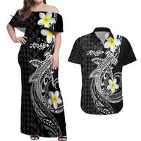Aloha Hammerhead Shark Couples Matching Off Shoulder Maxi Dress and Hawaiian Shirt Black Hawaiian Kakau Tribal Tattoo LT9 Black - Polynesian Pride