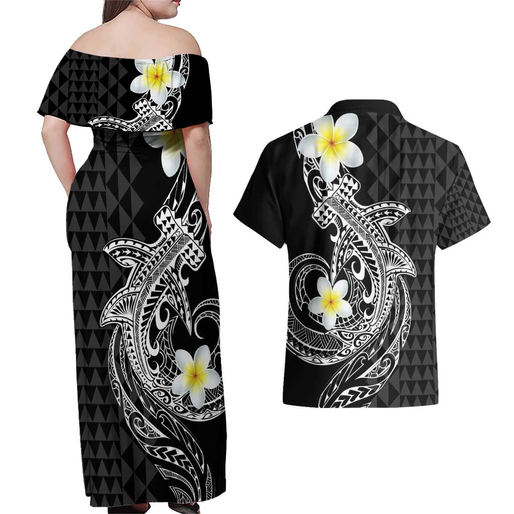 Aloha Hammerhead Shark Couples Matching Off Shoulder Maxi Dress and Hawaiian Shirt Black Hawaiian Kakau Tribal Tattoo LT9 - Polynesian Pride