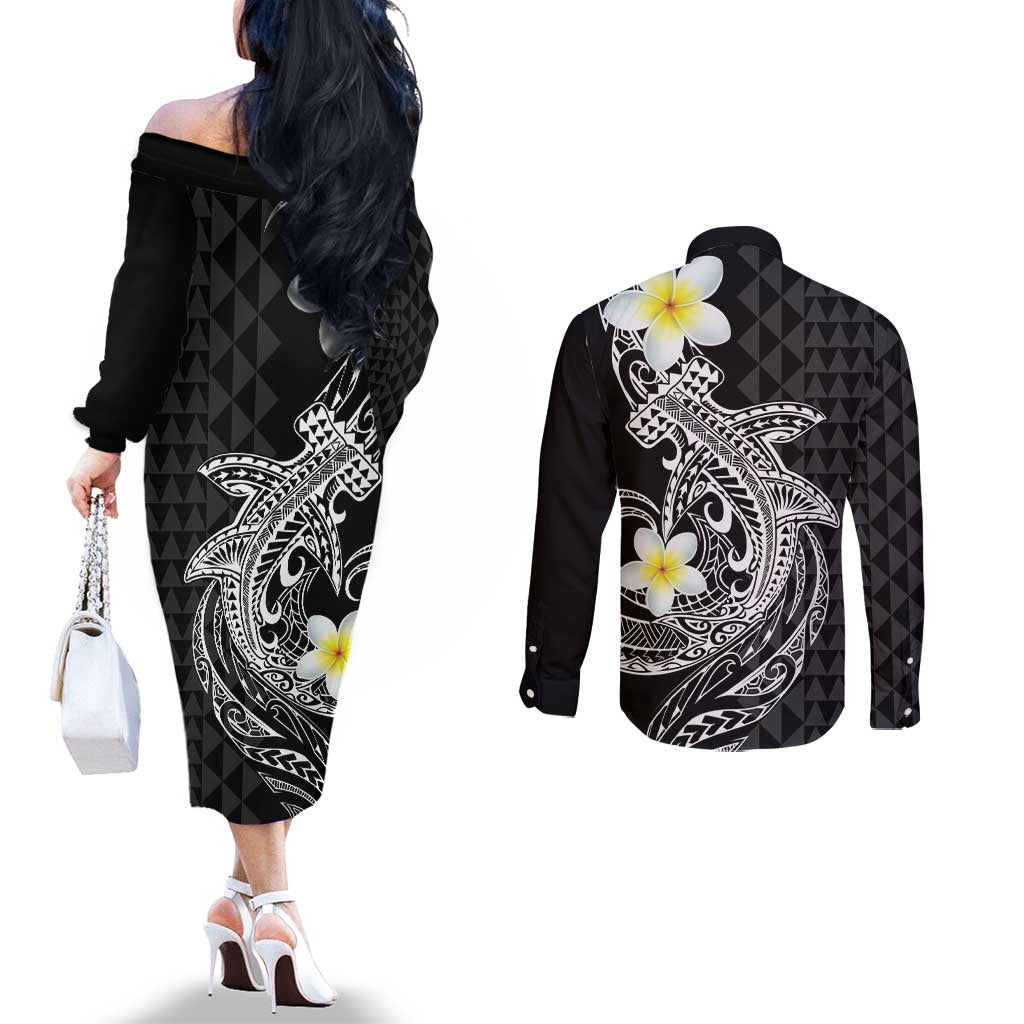 Aloha Hammerhead Shark Couples Matching Off The Shoulder Long Sleeve Dress and Long Sleeve Button Shirt Black Hawaiian Kakau Tribal Tattoo LT9 - Polynesian Pride