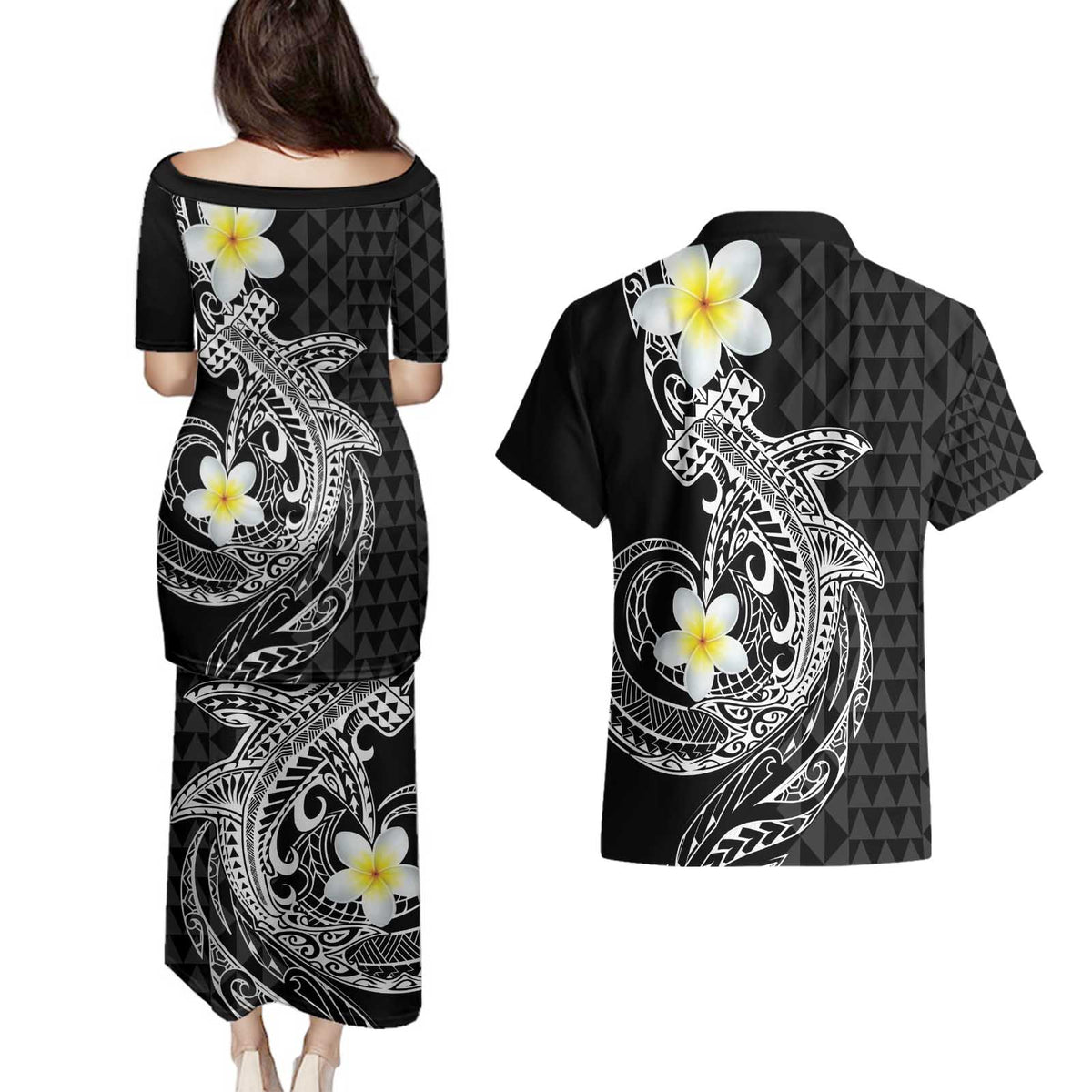 Aloha Hammerhead Shark Couples Matching Puletasi and Hawaiian Shirt Black Hawaiian Kakau Tribal Tattoo