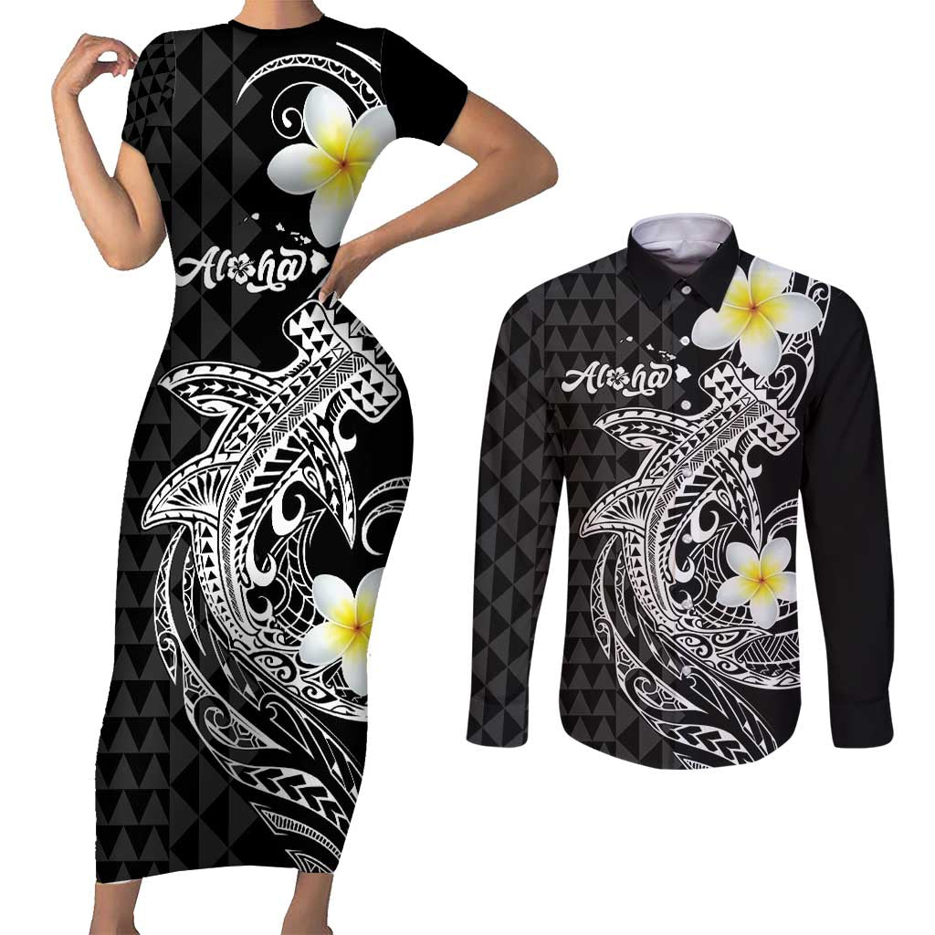 Aloha Hammerhead Shark Couples Matching Short Sleeve Bodycon Dress and Long Sleeve Button Shirt Black Hawaiian Kakau Tribal Tattoo LT9 Black - Polynesian Pride