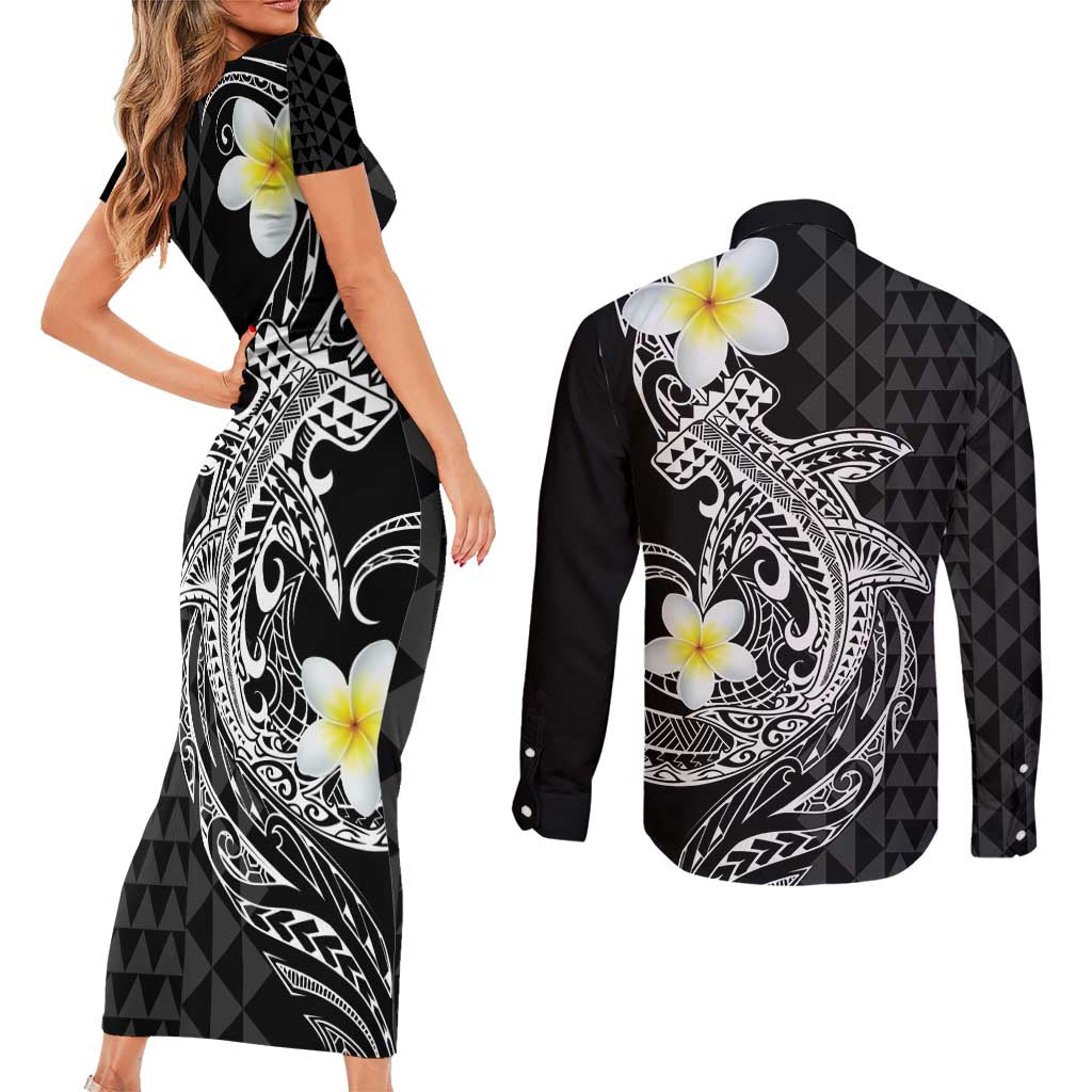 Aloha Hammerhead Shark Couples Matching Short Sleeve Bodycon Dress and Long Sleeve Button Shirt Black Hawaiian Kakau Tribal Tattoo LT9 - Polynesian Pride