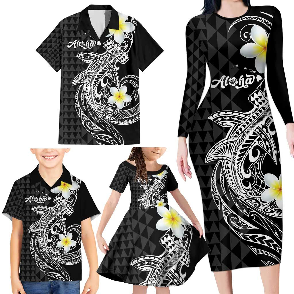 Aloha Hammerhead Shark Family Matching Long Sleeve Bodycon Dress and Hawaiian Shirt Black Hawaiian Kakau Tribal Tattoo LT9 - Polynesian Pride