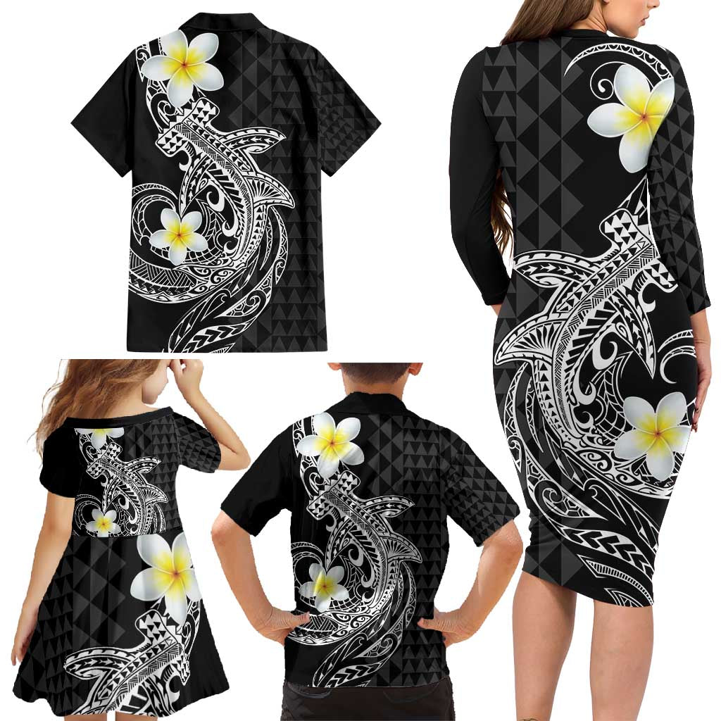 Aloha Hammerhead Shark Family Matching Long Sleeve Bodycon Dress and Hawaiian Shirt Black Hawaiian Kakau Tribal Tattoo LT9 - Polynesian Pride