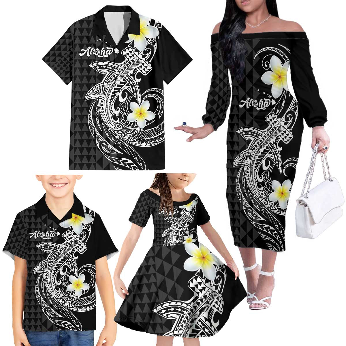 Aloha Hammerhead Shark Family Matching Off The Shoulder Long Sleeve Dress and Hawaiian Shirt Black Hawaiian Kakau Tribal Tattoo LT9 - Polynesian Pride