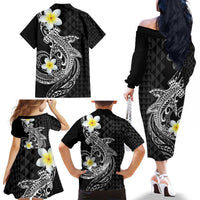 Aloha Hammerhead Shark Family Matching Off The Shoulder Long Sleeve Dress and Hawaiian Shirt Black Hawaiian Kakau Tribal Tattoo LT9 - Polynesian Pride