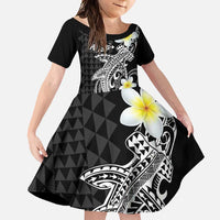 Aloha Hammerhead Shark Family Matching Off Shoulder Maxi Dress and Hawaiian Shirt Black Hawaiian Kakau Tribal Tattoo LT9 Daughter's Dress Black - Polynesian Pride