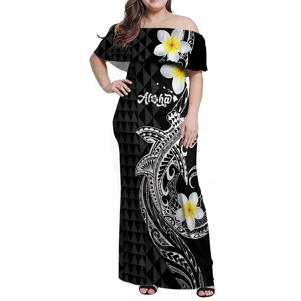 Aloha Hammerhead Shark Family Matching Off Shoulder Maxi Dress and Hawaiian Shirt Black Hawaiian Kakau Tribal Tattoo LT9 Mom's Dress Black - Polynesian Pride