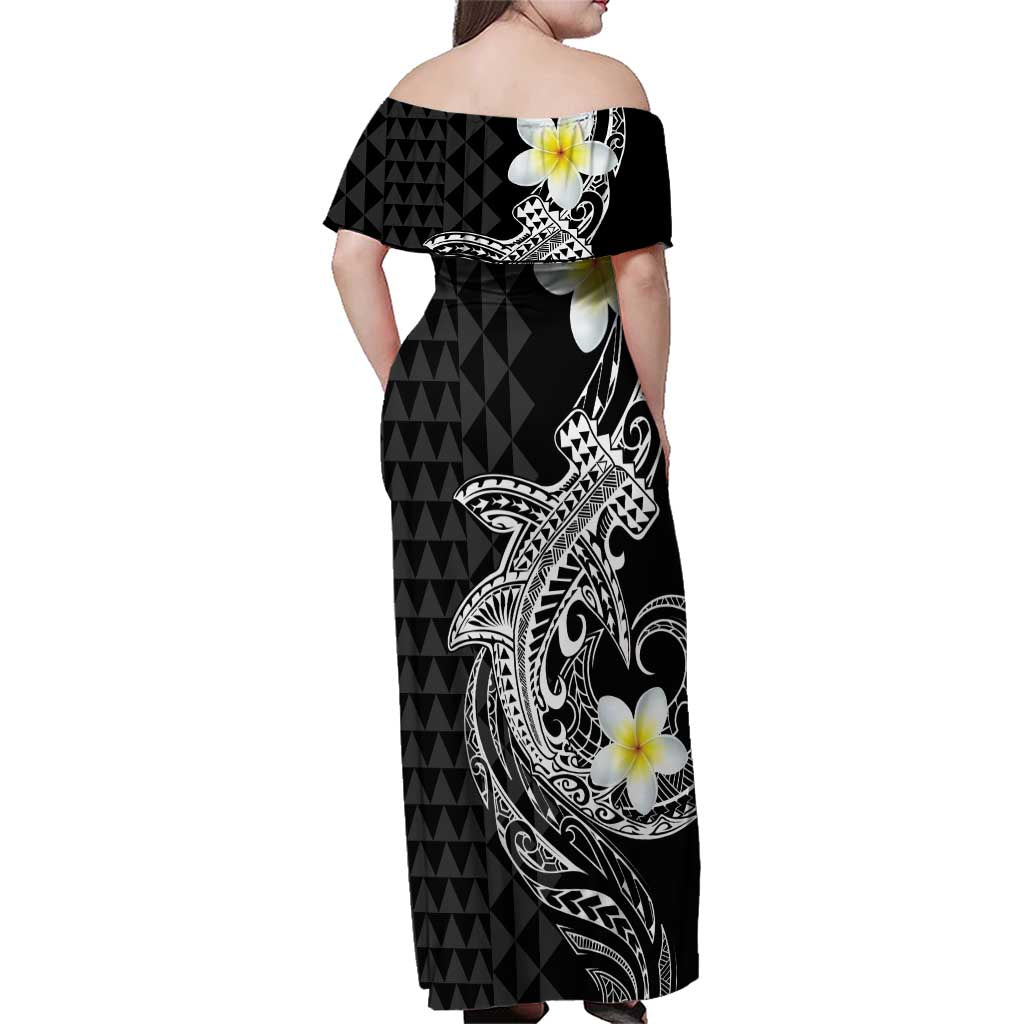 Aloha Hammerhead Shark Family Matching Off Shoulder Maxi Dress and Hawaiian Shirt Black Hawaiian Kakau Tribal Tattoo LT9 - Polynesian Pride