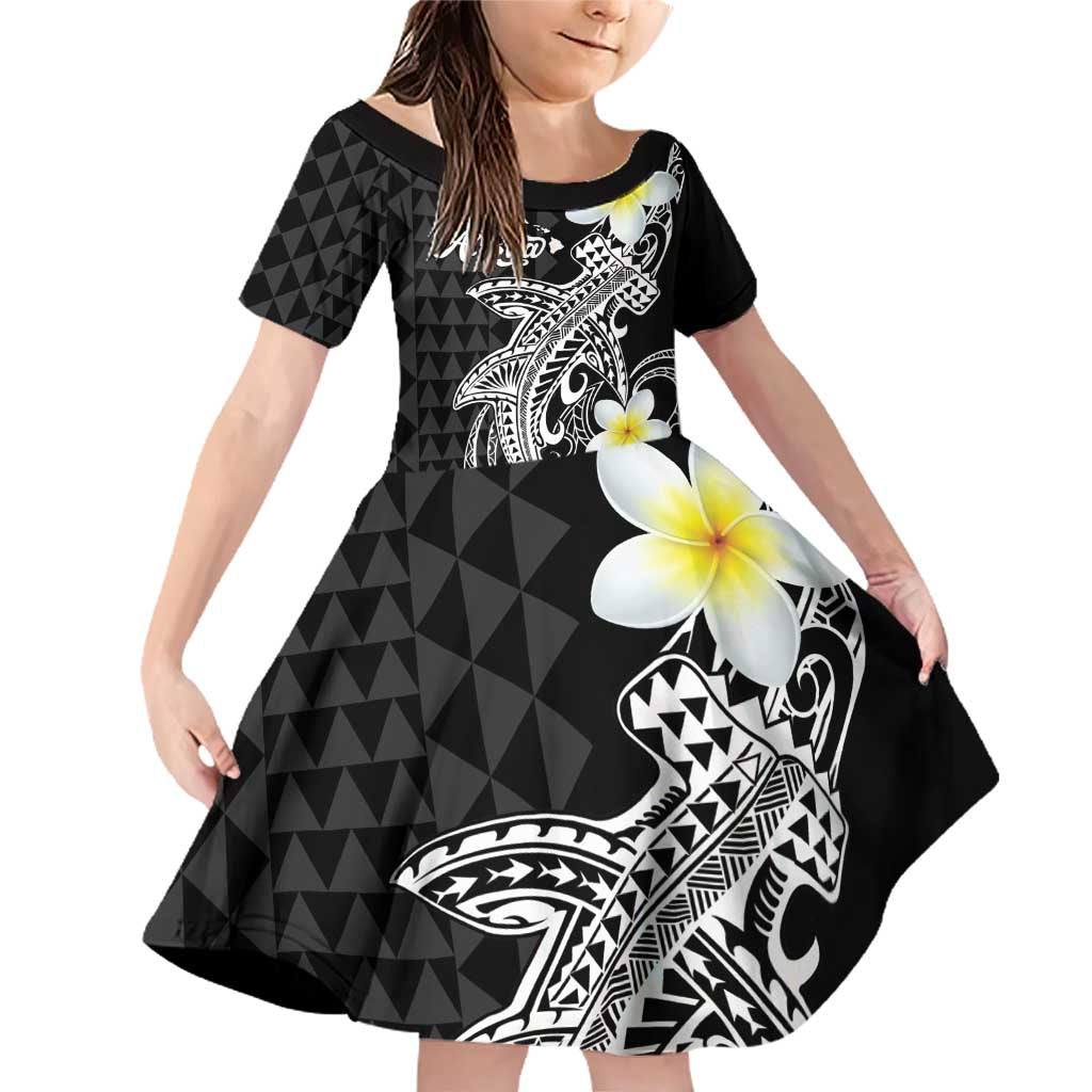 Aloha Hammerhead Shark Family Matching Off Shoulder Short Dress and Hawaiian Shirt Black Hawaiian Kakau Tribal Tattoo LT9 Daughter's Dress Black - Polynesian Pride