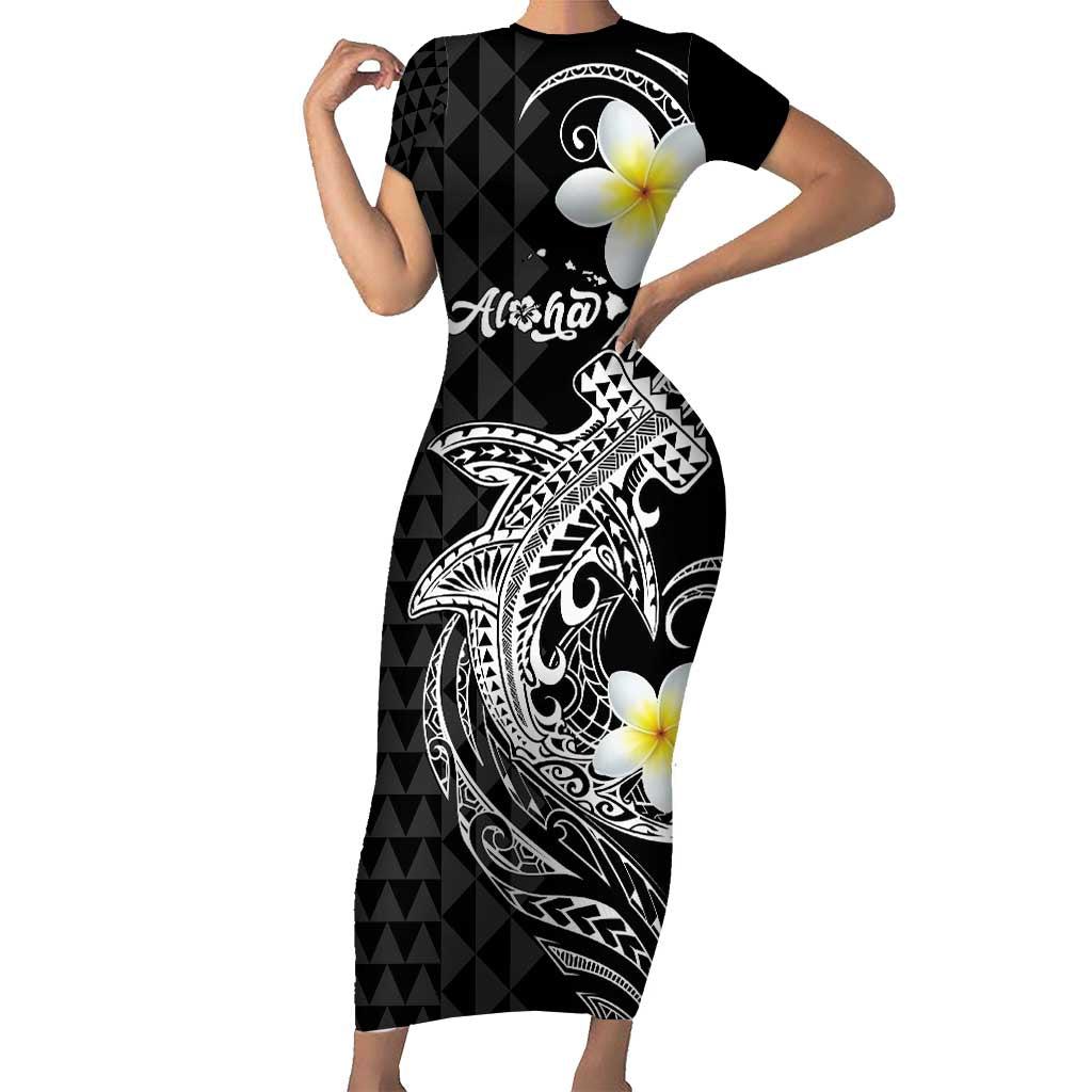 Aloha Hammerhead Shark Family Matching Short Sleeve Bodycon Dress and Hawaiian Shirt Black Hawaiian Kakau Tribal Tattoo LT9 Mom's Dress Black - Polynesian Pride