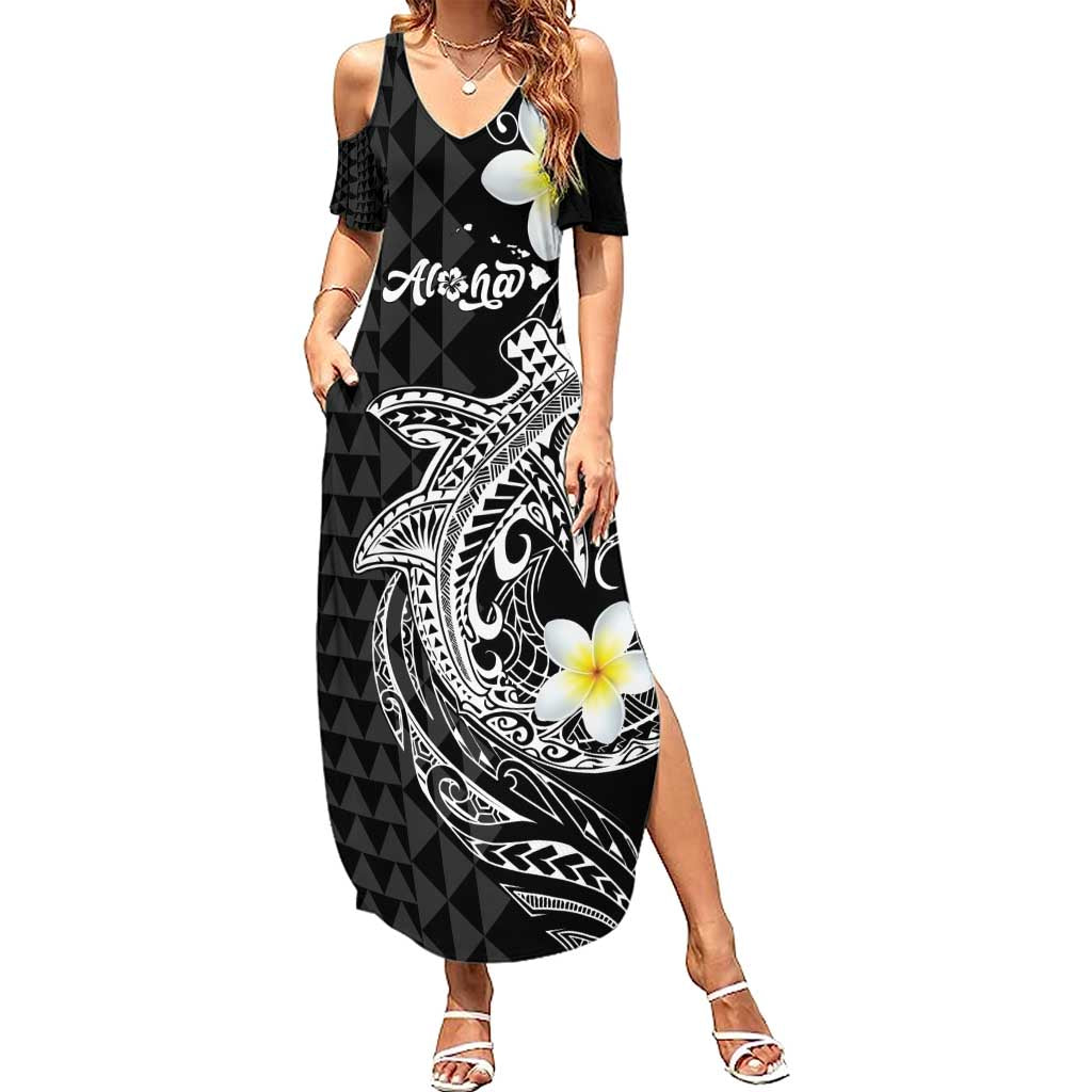 Aloha Hammerhead Shark Family Matching Summer Maxi Dress and Hawaiian Shirt Black Hawaiian Kakau Tribal Tattoo LT9 Mom's Dress Black - Polynesian Pride
