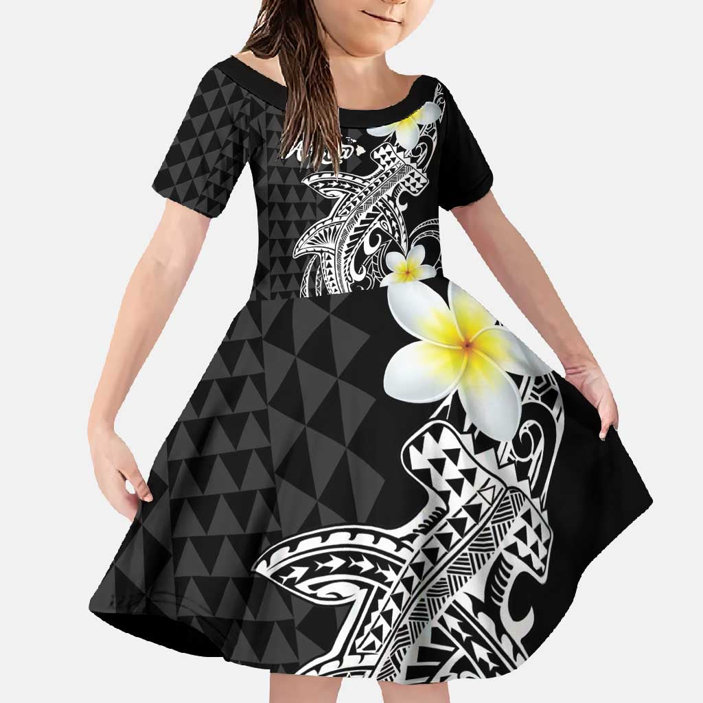 Aloha Hammerhead Shark Family Matching Tank Maxi Dress and Hawaiian Shirt Black Hawaiian Kakau Tribal Tattoo LT9 Daughter's Dress Black - Polynesian Pride