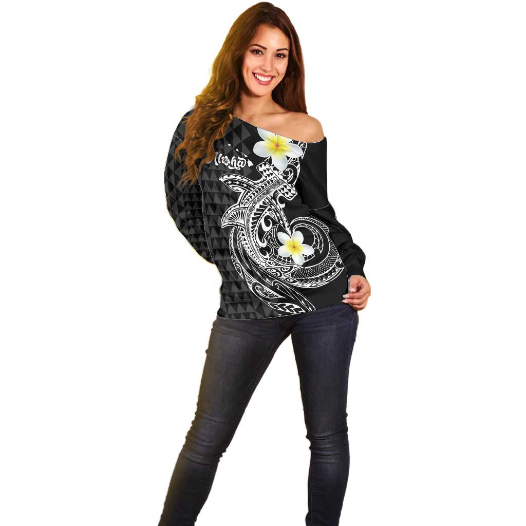 Aloha Hammerhead Shark Off Shoulder Sweater Black Hawaiian Kakau Tribal Tattoo