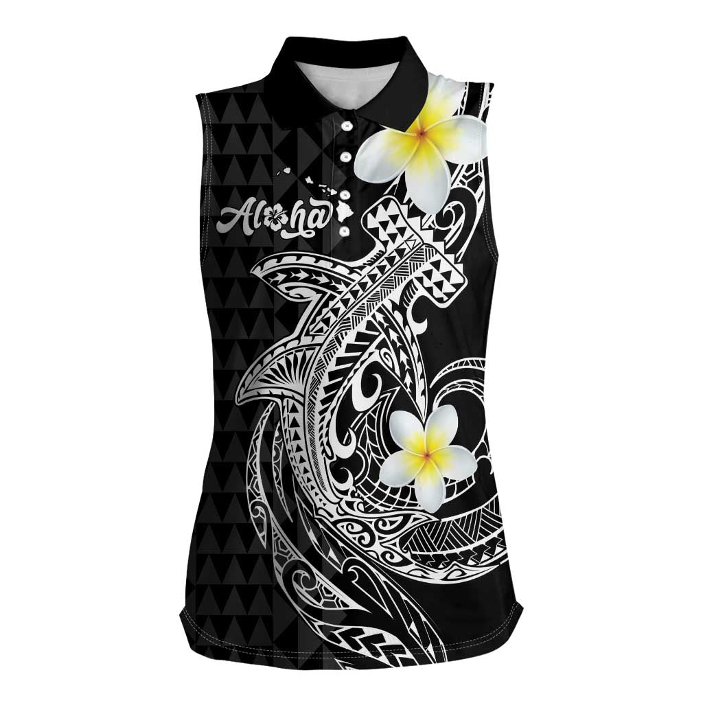Aloha Hammerhead Shark Women Sleeveless Polo Shirt Black Hawaiian Kakau Tribal Tattoo LT9 Female Black - Polynesian Pride