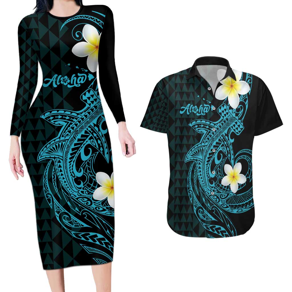 Aloha Hammerhead Shark Couples Matching Long Sleeve Bodycon Dress and Hawaiian Shirt Calypso Hawaiian Kakau Tribal Tattoo LT9 Blue - Polynesian Pride