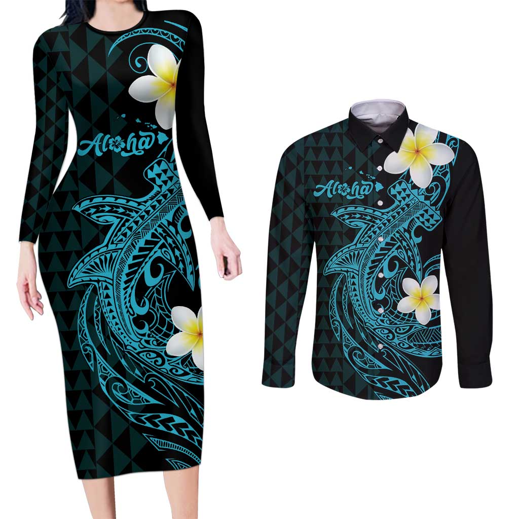 Aloha Hammerhead Shark Couples Matching Long Sleeve Bodycon Dress and Long Sleeve Button Shirt Calypso Hawaiian Kakau Tribal Tattoo LT9 Blue - Polynesian Pride