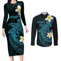 Aloha Hammerhead Shark Couples Matching Long Sleeve Bodycon Dress and Long Sleeve Button Shirt Calypso Hawaiian Kakau Tribal Tattoo LT9 Blue - Polynesian Pride