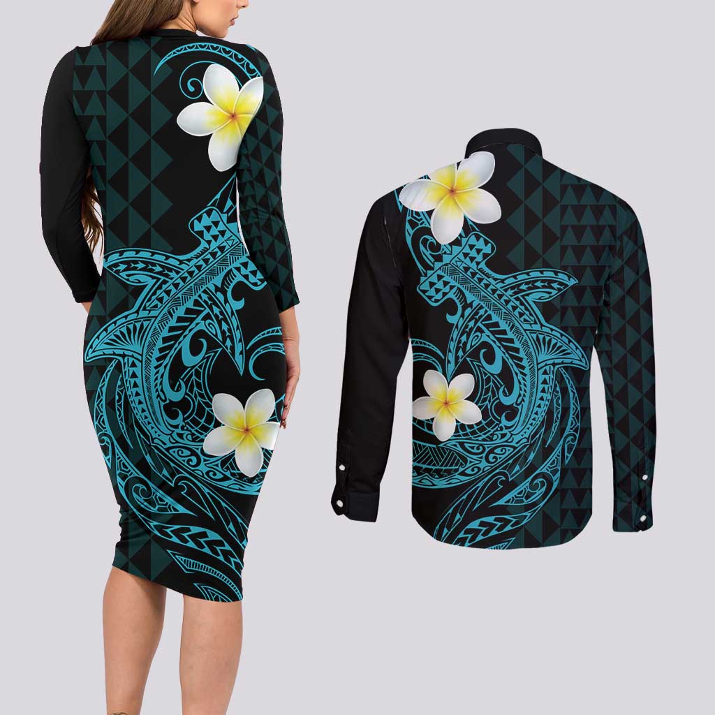 Aloha Hammerhead Shark Couples Matching Long Sleeve Bodycon Dress and Long Sleeve Button Shirt Calypso Hawaiian Kakau Tribal Tattoo LT9 - Polynesian Pride