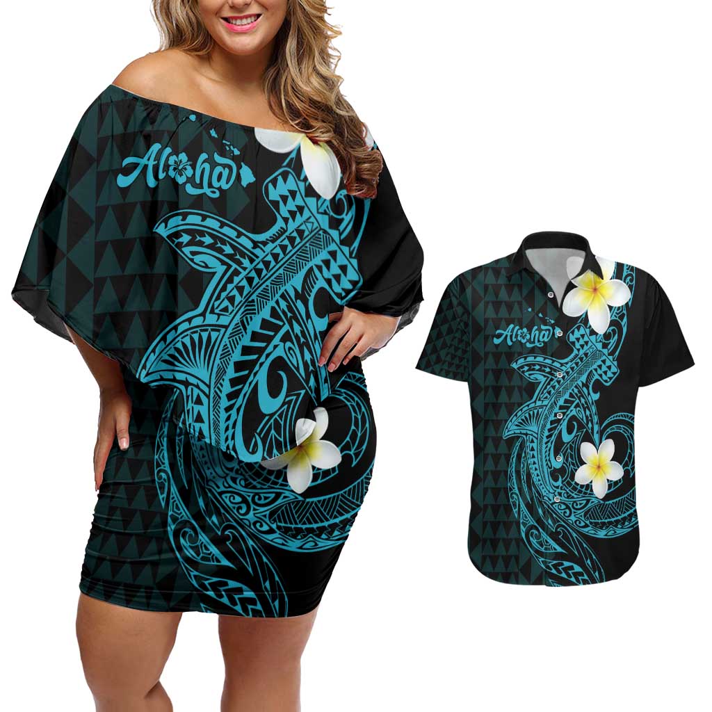 Aloha Hammerhead Shark Couples Matching Off Shoulder Short Dress and Hawaiian Shirt Calypso Hawaiian Kakau Tribal Tattoo LT9 Blue - Polynesian Pride