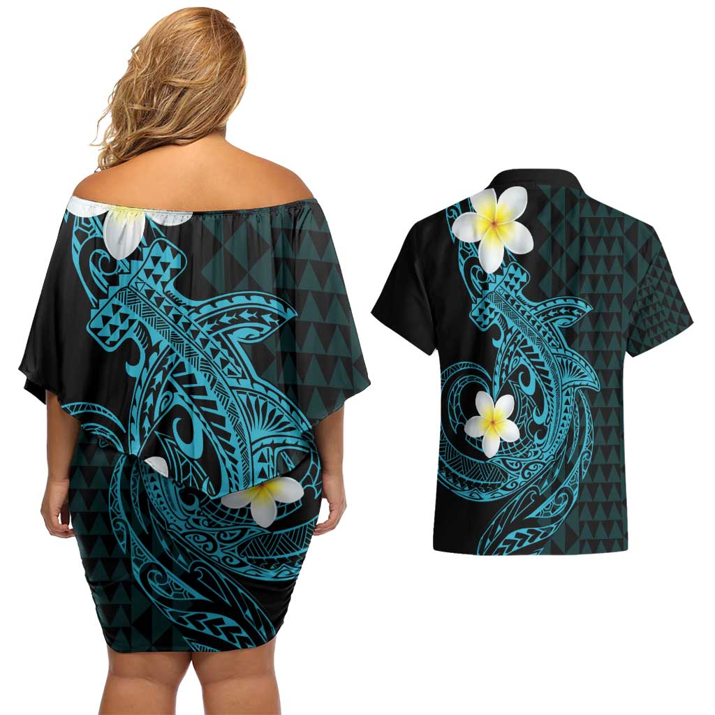Aloha Hammerhead Shark Couples Matching Off Shoulder Short Dress and Hawaiian Shirt Calypso Hawaiian Kakau Tribal Tattoo LT9 - Polynesian Pride