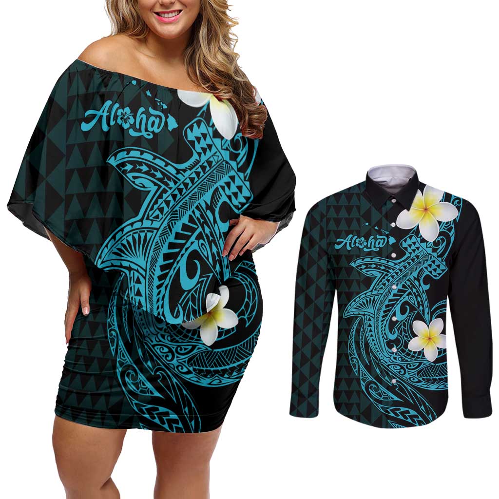 Aloha Hammerhead Shark Couples Matching Off Shoulder Short Dress and Long Sleeve Button Shirt Calypso Hawaiian Kakau Tribal Tattoo LT9 Blue - Polynesian Pride