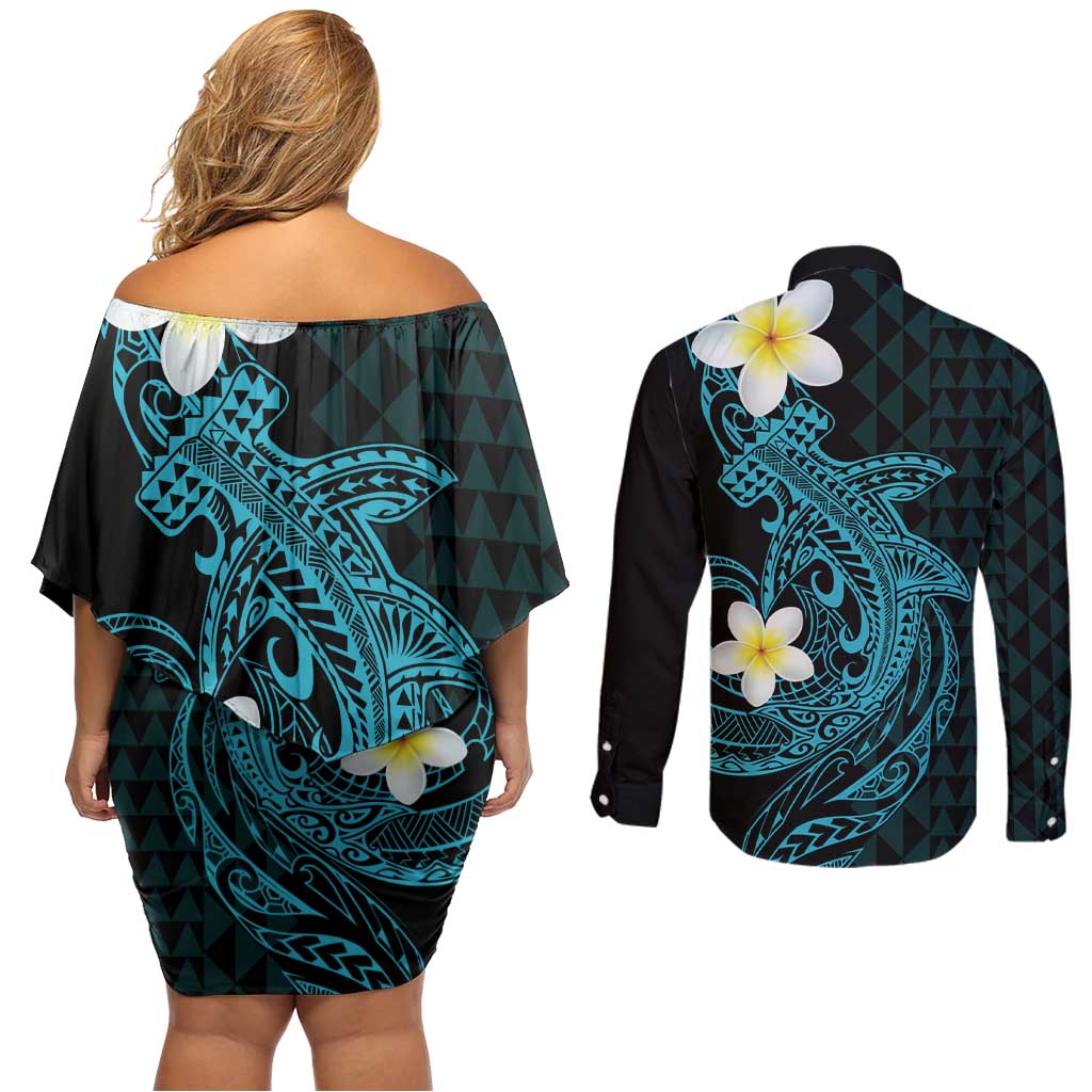 Aloha Hammerhead Shark Couples Matching Off Shoulder Short Dress and Long Sleeve Button Shirt Calypso Hawaiian Kakau Tribal Tattoo LT9 - Polynesian Pride
