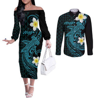 Aloha Hammerhead Shark Couples Matching Off The Shoulder Long Sleeve Dress and Long Sleeve Button Shirt Calypso Hawaiian Kakau Tribal Tattoo LT9 Blue - Polynesian Pride