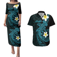 Aloha Hammerhead Shark Couples Matching Puletasi and Hawaiian Shirt Calypso Hawaiian Kakau Tribal Tattoo LT9 Blue - Polynesian Pride