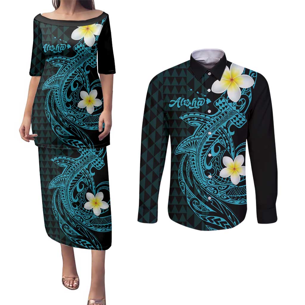 Aloha Hammerhead Shark Couples Matching Puletasi and Long Sleeve Button Shirt Calypso Hawaiian Kakau Tribal Tattoo