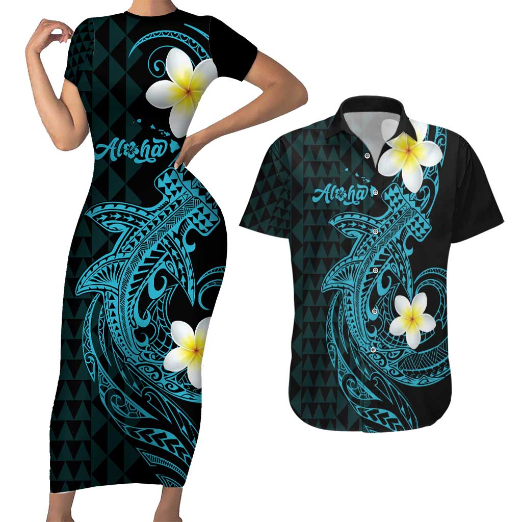 Aloha Hammerhead Shark Couples Matching Short Sleeve Bodycon Dress and Hawaiian Shirt Calypso Hawaiian Kakau Tribal Tattoo LT9 Blue - Polynesian Pride