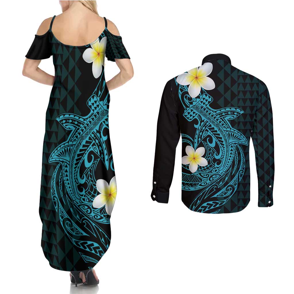 Aloha Hammerhead Shark Couples Matching Summer Maxi Dress and Long Sleeve Button Shirt Calypso Hawaiian Kakau Tribal Tattoo