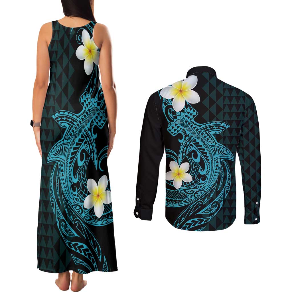 Aloha Hammerhead Shark Couples Matching Tank Maxi Dress and Long Sleeve Button Shirt Calypso Hawaiian Kakau Tribal Tattoo LT9 - Polynesian Pride