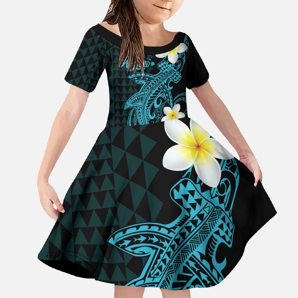 Aloha Hammerhead Shark Family Matching Long Sleeve Bodycon Dress and Hawaiian Shirt Calypso Hawaiian Kakau Tribal Tattoo LT9 Daughter's Dress Blue - Polynesian Pride