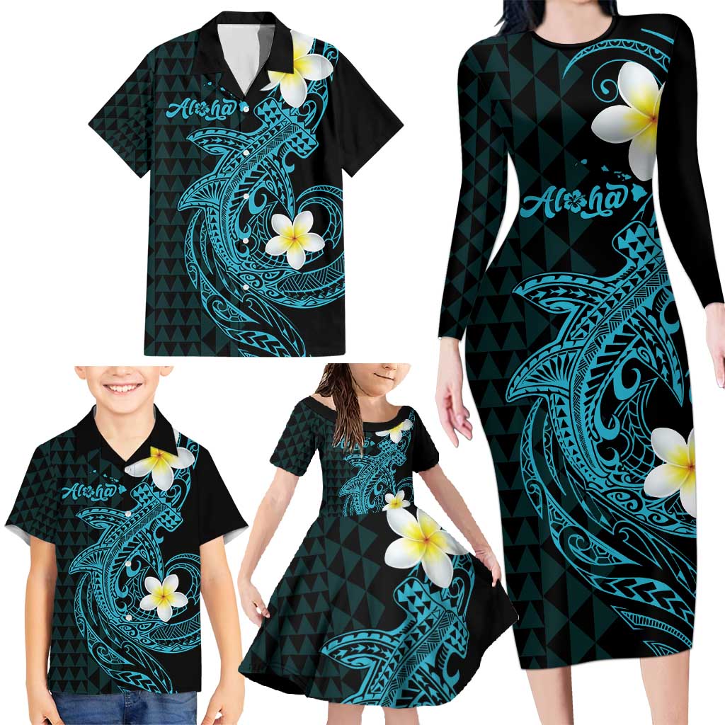 Aloha Hammerhead Shark Family Matching Long Sleeve Bodycon Dress and Hawaiian Shirt Calypso Hawaiian Kakau Tribal Tattoo LT9 - Polynesian Pride
