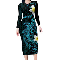 Aloha Hammerhead Shark Family Matching Long Sleeve Bodycon Dress and Hawaiian Shirt Calypso Hawaiian Kakau Tribal Tattoo LT9 Mom's Dress Blue - Polynesian Pride