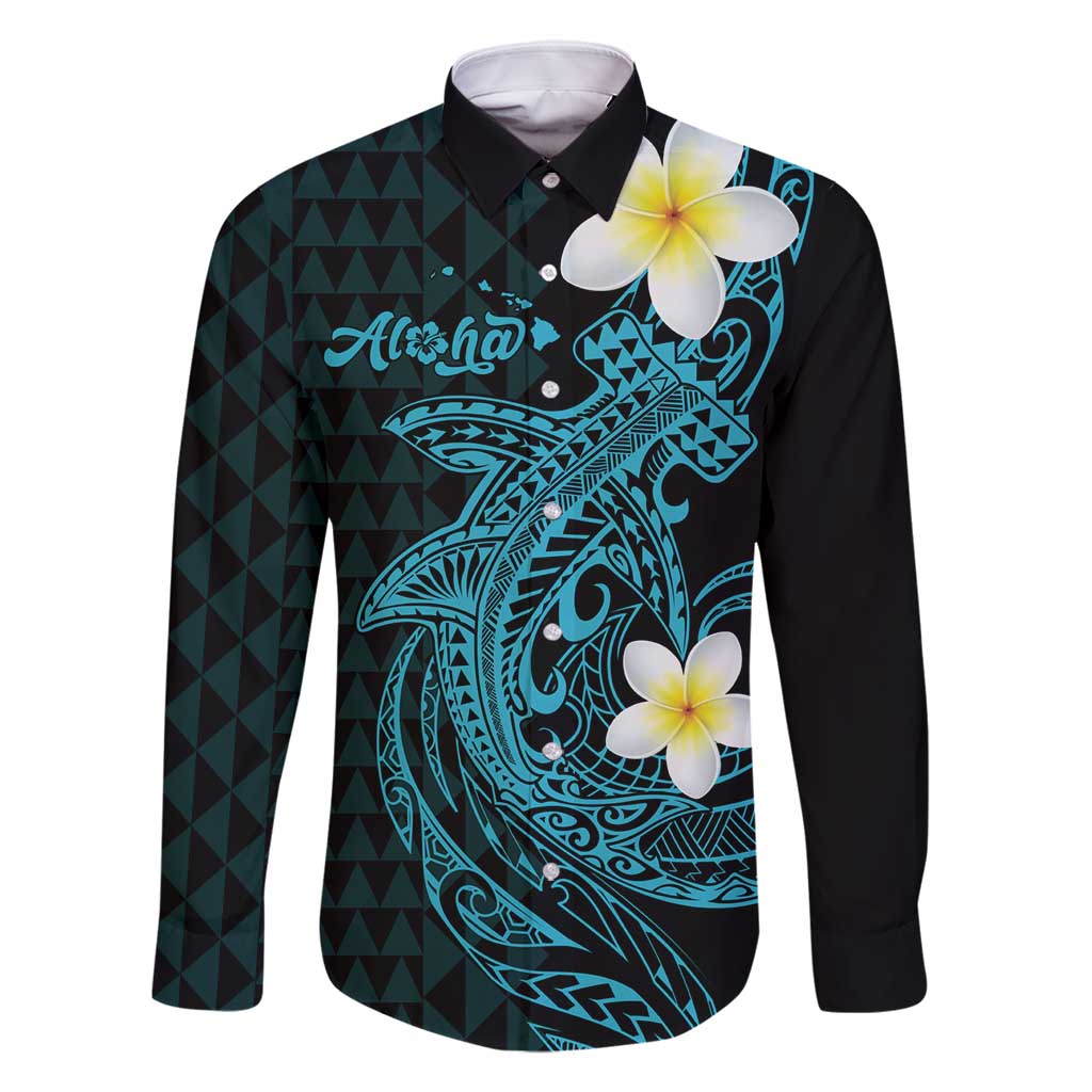 Aloha Hammerhead Shark Family Matching Mermaid Dress and Hawaiian Shirt Calypso Hawaiian Kakau Tribal Tattoo LT9 Dad's Shirt - Long Sleeve Blue - Polynesian Pride