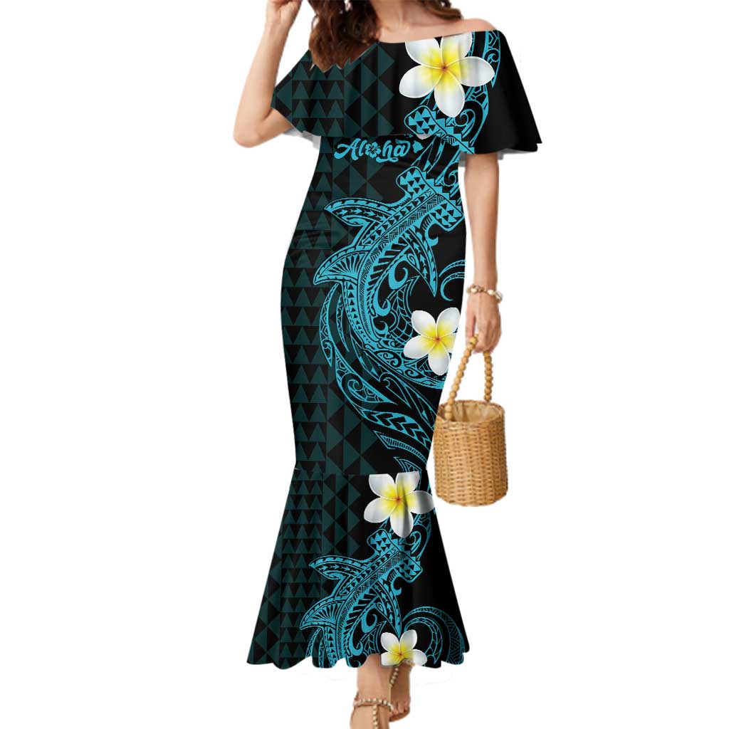 Aloha Hammerhead Shark Family Matching Mermaid Dress and Hawaiian Shirt Calypso Hawaiian Kakau Tribal Tattoo LT9 Mom's Dress Blue - Polynesian Pride