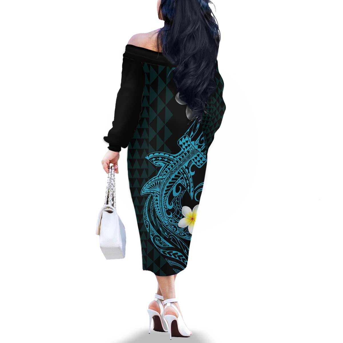 Aloha Hammerhead Shark Family Matching Off The Shoulder Long Sleeve Dress and Hawaiian Shirt Calypso Hawaiian Kakau Tribal Tattoo LT9 - Polynesian Pride