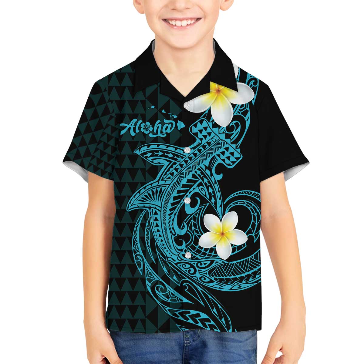 Aloha Hammerhead Shark Family Matching Off The Shoulder Long Sleeve Dress and Hawaiian Shirt Calypso Hawaiian Kakau Tribal Tattoo LT9 Son's Shirt Blue - Polynesian Pride