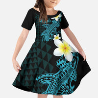 Aloha Hammerhead Shark Family Matching Off Shoulder Maxi Dress and Hawaiian Shirt Calypso Hawaiian Kakau Tribal Tattoo LT9 Daughter's Dress Blue - Polynesian Pride