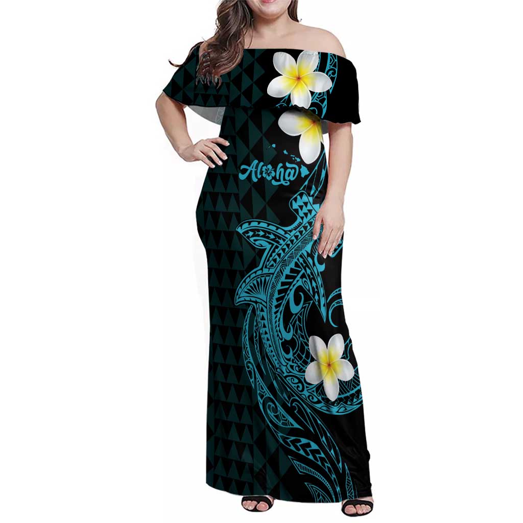 Aloha Hammerhead Shark Family Matching Off Shoulder Maxi Dress and Hawaiian Shirt Calypso Hawaiian Kakau Tribal Tattoo LT9 Mom's Dress Blue - Polynesian Pride