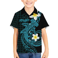Aloha Hammerhead Shark Family Matching Puletasi and Hawaiian Shirt Calypso Hawaiian Kakau Tribal Tattoo LT9 Son's Shirt Blue - Polynesian Pride