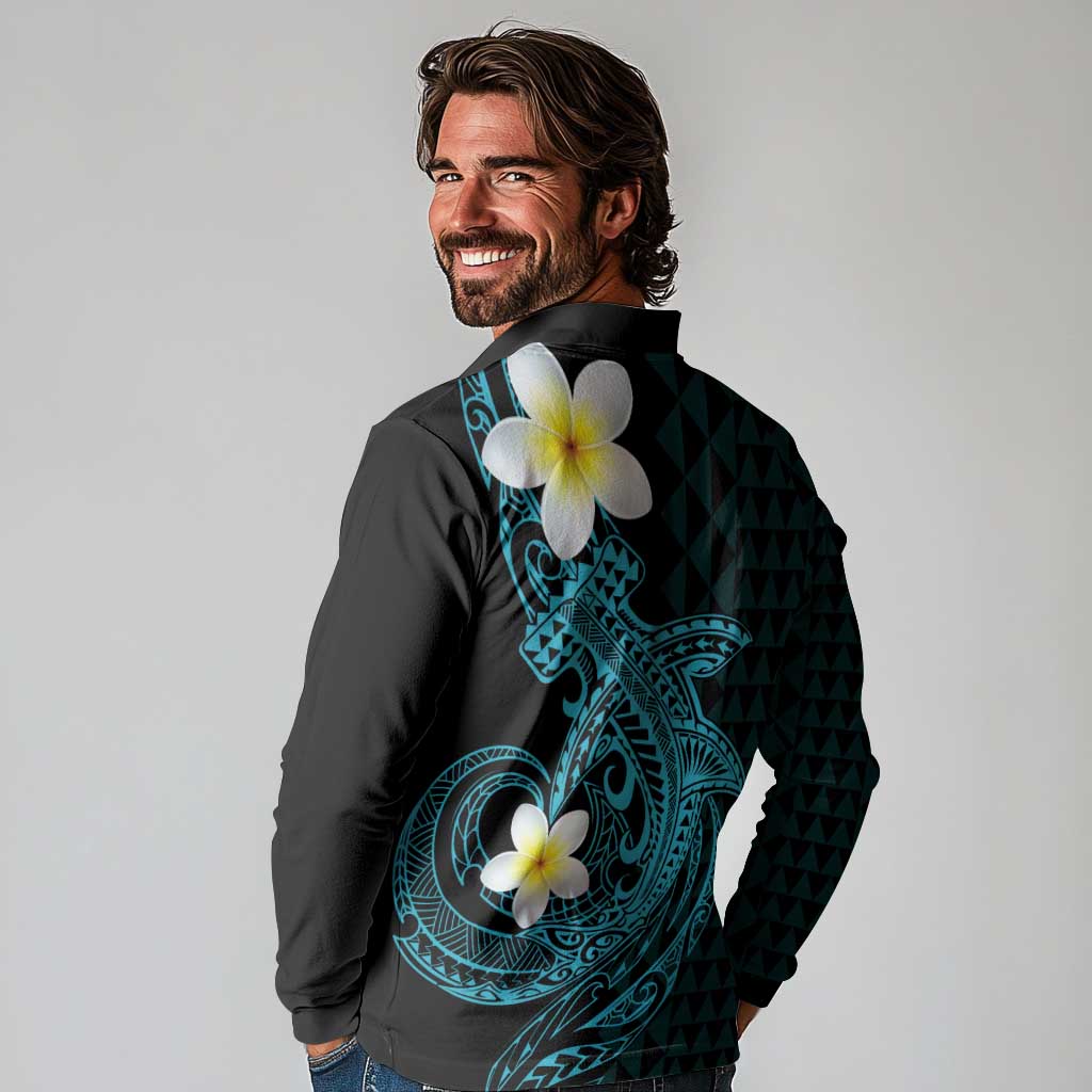 Aloha Hammerhead Shark Long Sleeve Polo Shirt Calypso Hawaiian Kakau Tribal Tattoo