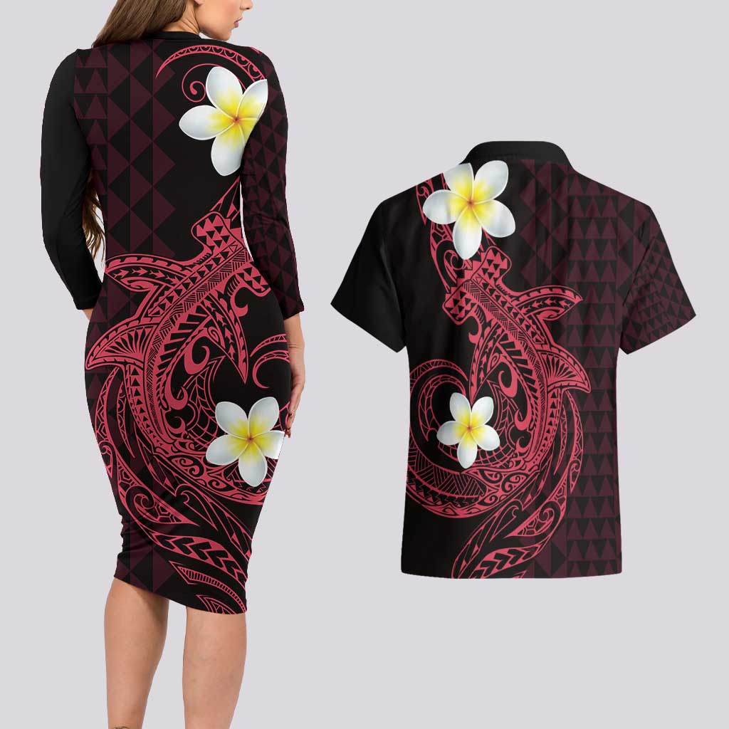 Aloha Hammerhead Shark Couples Matching Long Sleeve Bodycon Dress and Hawaiian Shirt Feverish Pink Hawaiian Kakau Tribal Tattoo LT9 - Polynesian Pride
